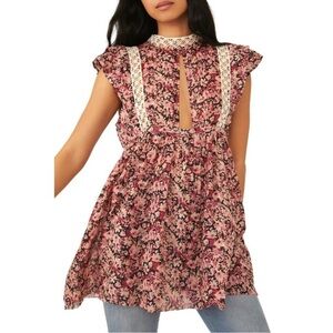 Free People Eva Cotton Tunic Mini Dress Floral Crochet Lace Cutout Small